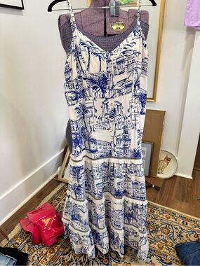 Aqua White Maxi Dress with Blue Scenic beachy boho coastal cottagecore Print